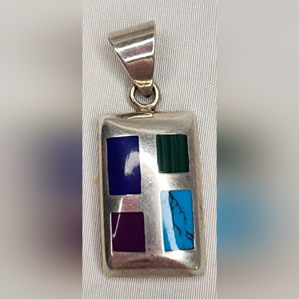 Sterling Silver, W/ Multicolor Stone Inlay 925 Pendant